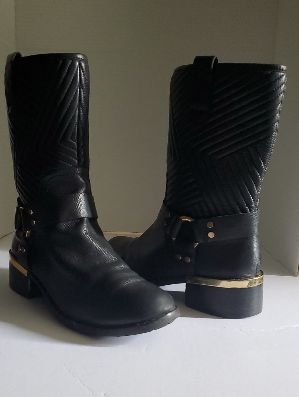 Vince Camuto Black Quilted Mid-Calf Moto Women's Boots with Gold Accent Size 8.5